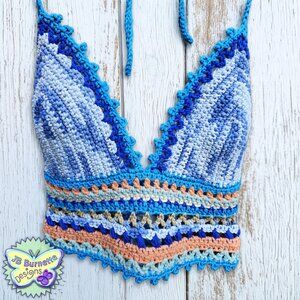 Handmade Cotton Crochet Bralette Halter Top in Blues and Beach Tones